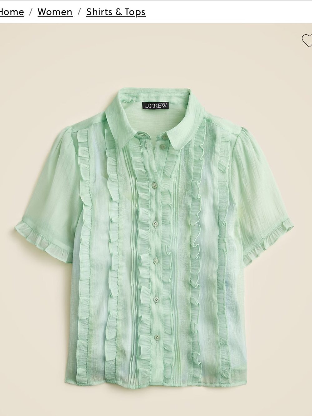 J. Crew Mint Green Ruffle-Front Short Sleeve Blouse